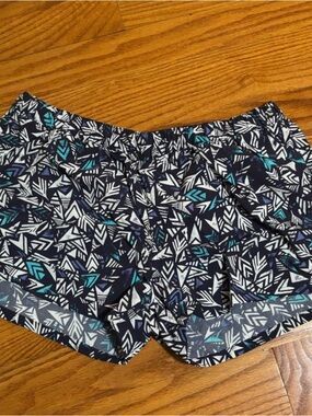 Patagonia Navy Athletic Shorts with White & Teal Geometric Print